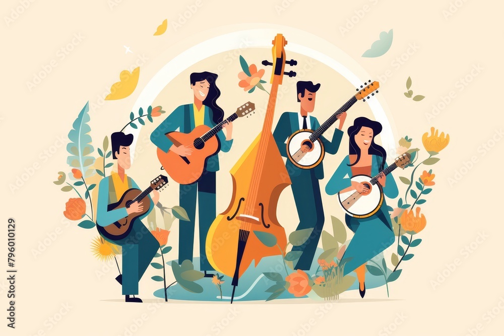 A cartoon image of four people playing various musical instruments in a grassy field with flowers.