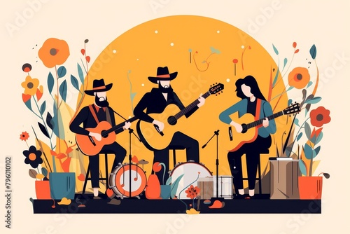 A cartoon of three people playing music. There are two men and one woman. The woman and one man are sitting on stools playing guitars. The other man is standing playing the drums.