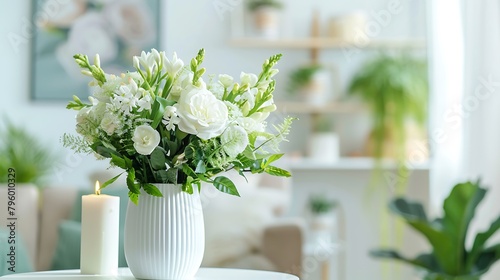 Fresh flowers in white vase placed on small table in bright room interior with paintings potted plants and candles on shelves in blurred background