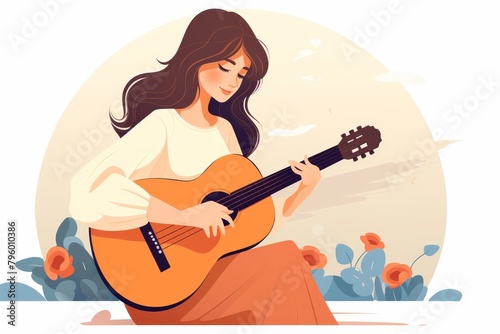 A young woman is sitting on a rock in a field of flowers, playing a brown guitar. photo