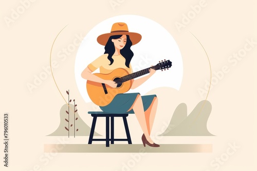 A woman wearing a hat is playing an acoustic guitar while sitting on a stool. photo