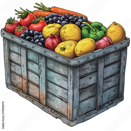 Wooden box full of fresh fruits and berries. Vector illustration.