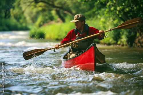 Man in life jacket contentedly canoeing down a serene river surrounded by lush greenery