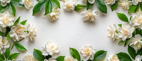 Top view of white gardenia on plain white backdrop decorated like a frame and a big space for text or product advertisement background, Generative AI.