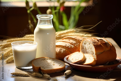The healthy breakfast scene, including nutritious foods such as milk, bread, and vegetables, was shot in a bright environment using a medium-focus lens. It presents clear details and saturated colors 