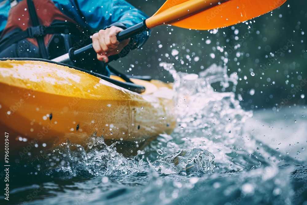 Fototapeta premium Dynamic close-up of a kayaker navigating rapids with water splashing around the yellow kayak