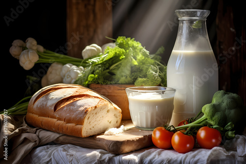 The healthy breakfast scene, including nutritious foods such as milk, bread, and vegetables, was shot in a bright environment using a medium-focus lens. It presents clear details and saturated colors 