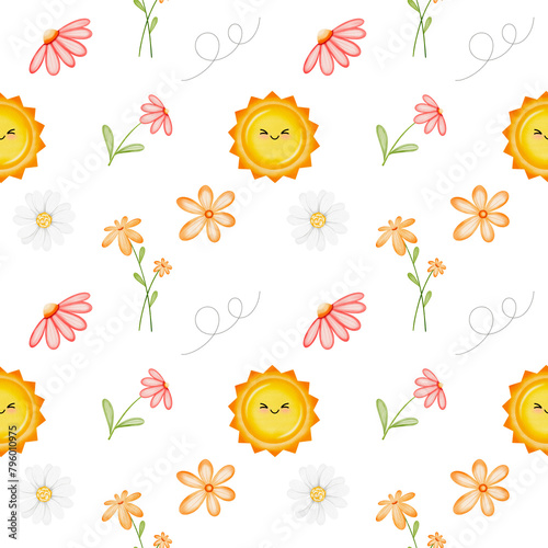 Watercolor seamless pattern cute sun and flowers.