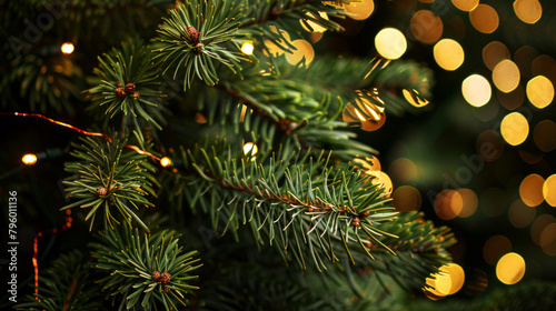 Close-up of pine tree branches with festive lights giving a warm Christmas atmosphere