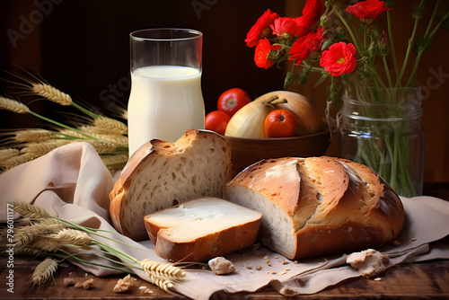 The healthy breakfast scene, including nutritious foods such as milk, bread, and vegetables, was shot in a bright environment using a medium-focus lens. It presents clear details and saturated colors 