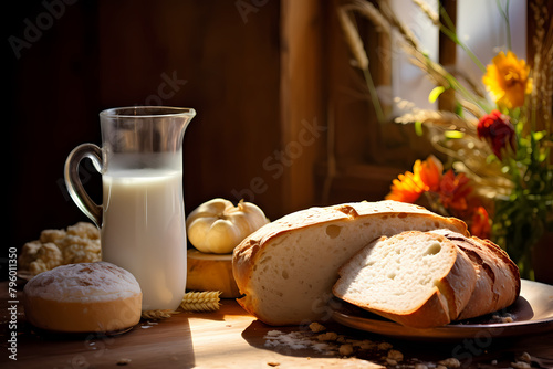 The healthy breakfast scene, including nutritious foods such as milk, bread, and vegetables, was shot in a bright environment using a medium-focus lens. It presents clear details and saturated colors 