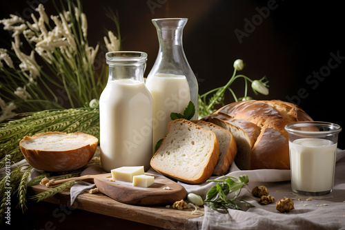 The healthy breakfast scene, including nutritious foods such as milk, bread, and vegetables, was shot in a bright environment using a medium-focus lens. It presents clear details and saturated colors 
