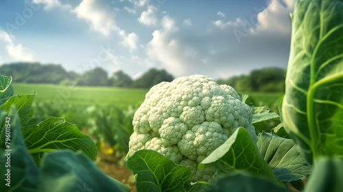 Fresh cauliflower head standing out in a sun-drenched field, surrounded by vibrant green leaves, with a soft-focus landscape in the background. 