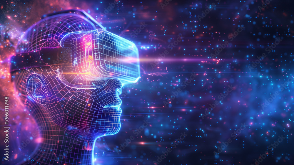 Digital Human Head with VR Goggles and Cosmic Neural Network Concept.. Digital Human Head with VR Goggles and Cosmic Neural Network Concept..