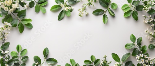 Green twigs with leaves and flowers with plain white backdrop kept like a frame and big space inside of it for text or product backdrop  Generative AI.