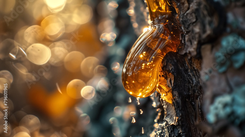 Close-up of tree sap oozing down the bark, glistening like amber under sunlight with a bokeh background. 