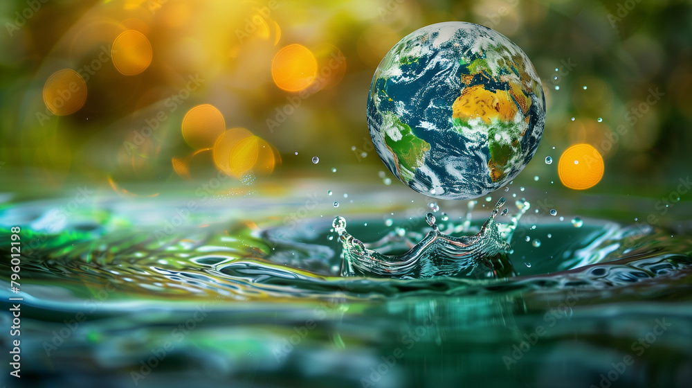 Earth Droplet Creating a Splash in Water Symbolizing Environmental Impact Earth Droplet Creating a Splash in Water Symbolizing Environmental Impact