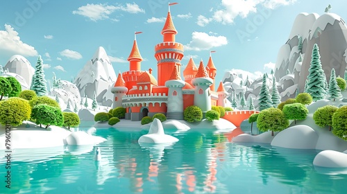 A symmetrical Renaissance castle overlooks a serene glacial lake, reflecting its image