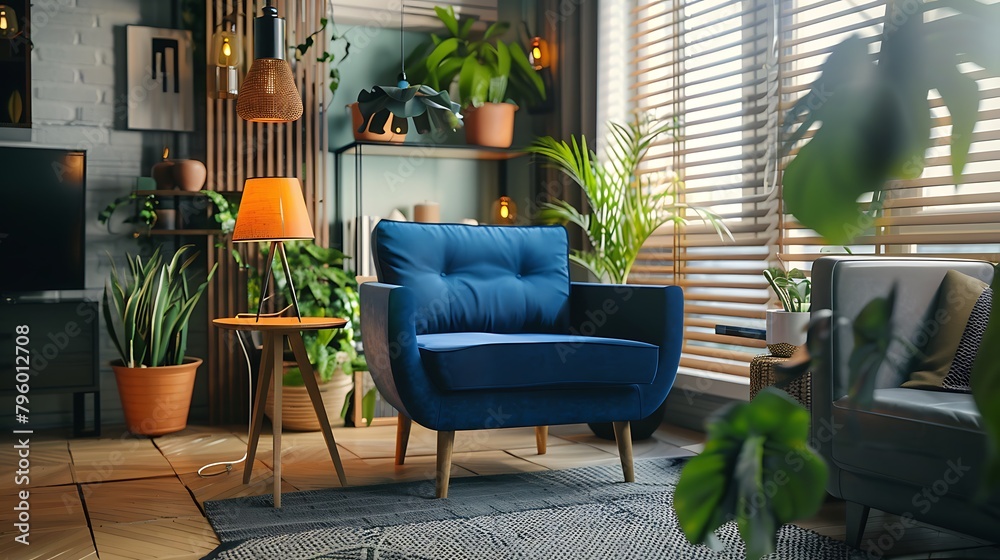 Fototapeta premium Interior of living room with wooden triangular coffee table lamps and blue armchair