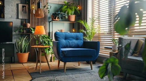 Interior of living room with wooden triangular coffee table lamps and blue armchair