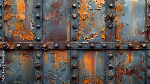 A weathered, rusting steel wall with visible signs of wear and tear. The colors on the surface range from light gray to dark brown