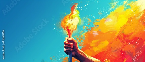 Depicting atrwork of a hand holding an Olympic flame over a vivid, abstract backdrop with smeared hues and space, Generative AI. photo
