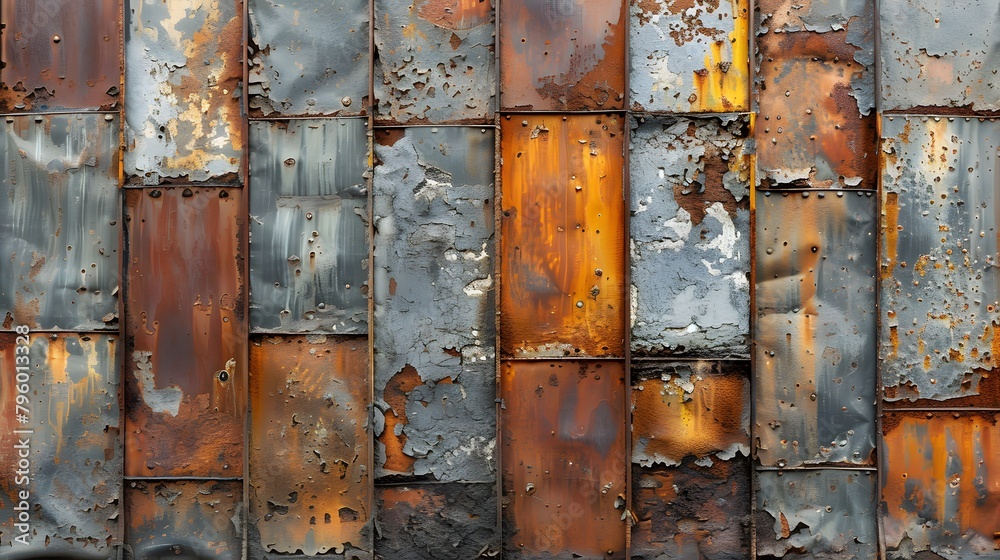 A weathered, rusting steel wall with visible signs of wear and tear. The colors on the surface range from light gray to dark brown A weathered, rusting steel wall with visible signs of wear and tear. The colors on the surface range from light gray to dark brown