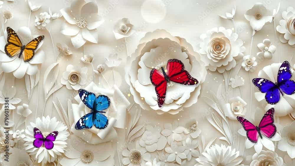 white flowers on white background. wall with a background of paper flowers handmade. seamless looping overlay 4k virtual video animation background