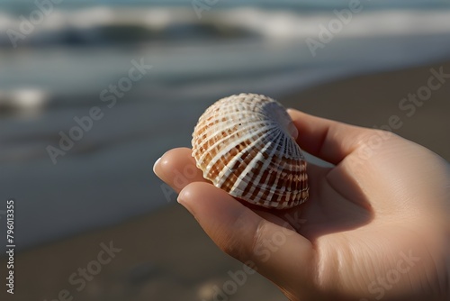 Summertime seashell in hands over ocean waves: Human hands holding a vibrant seashell.generative.ai