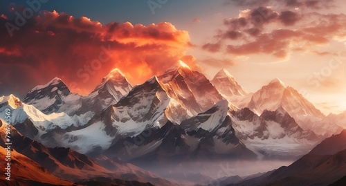 Panoramic view of the Himalayas. Sunrise over the mountains. © ASGraphicsB24