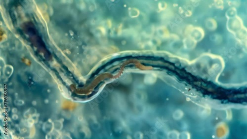 Underneath the microscope a single parasitic worm appears to be crawling through a sample of bodily fluid. . AI generation. photo