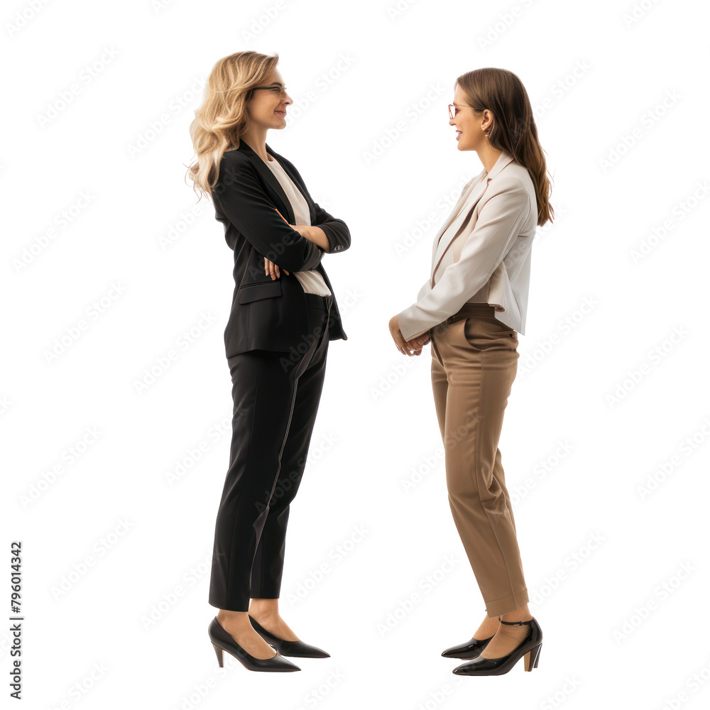 full body side view of two businesswoman discussing something on transparency background PNG
