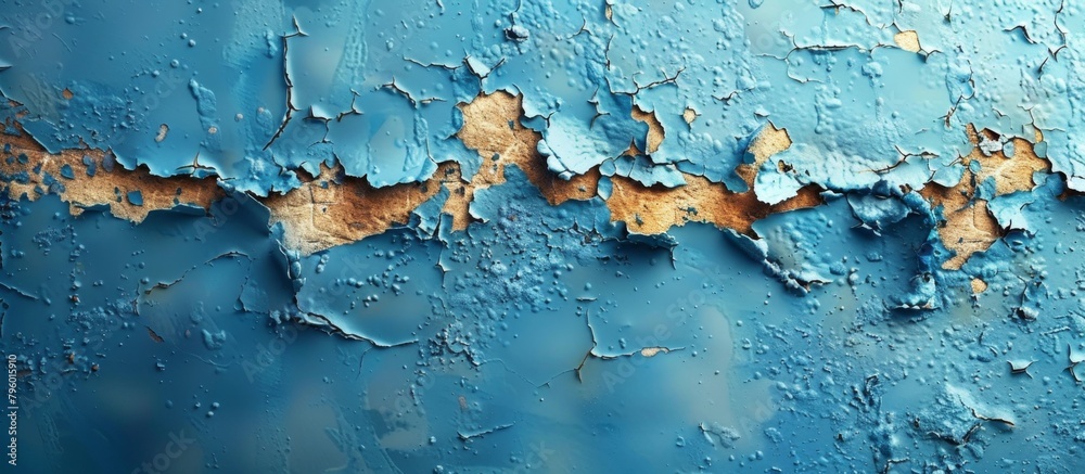 Close up view of peeling blue paint on a weathered wall surface, revealing the layers underneath