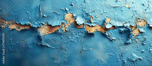Close up view of peeling blue paint on a weathered wall surface, revealing the layers underneath