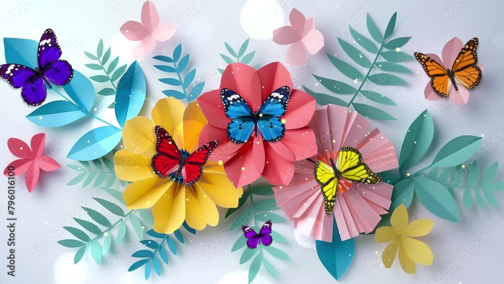 paper art summer flowers on a white background. seamless looping overlay 4k virtual video animation background