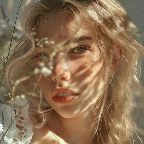 Un lindo acercamiento al rostro encantador de una mujer rubia, parcialmente cubierto por flores