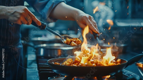 close up Professional chef doing flambe on food in frying pan with fire while standing near cooker in light kitchen of restaurant photo