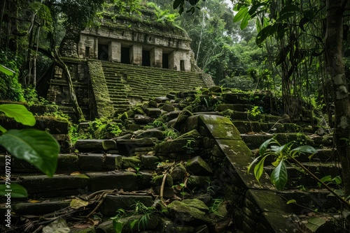 Lose yourself in the overgrown ruins of an ancient jungle temple  where towering pyramids and hidden chambers await discovery amidst the dense foliage  Generative AI