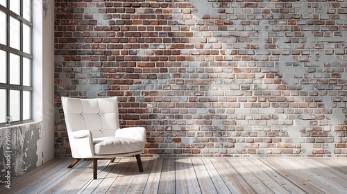 Minimalist photography studio with old brick wall backdrop, featuring a simple, elegant white canvas chair