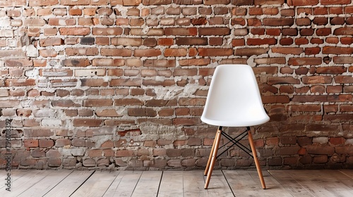 Minimalist photography studio with old brick wall backdrop, featuring a simple, elegant white canvas chair