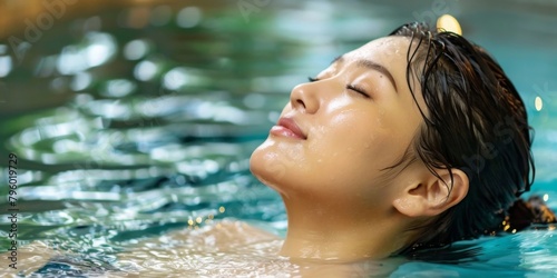 Asian Woman in Onsen with Serene Expression, Stress Relief and Solitude, Holistic Health Spa - Hospitality, Wellness Industry.