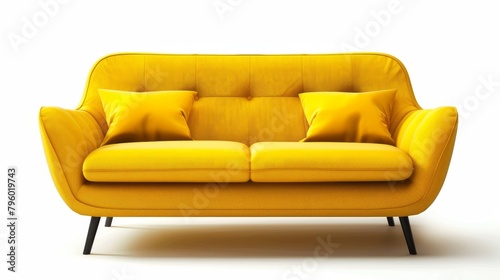 Sleek yellow sofa with contemporary clean lines and plush seating, isolated on a white background for a modern home decor ad