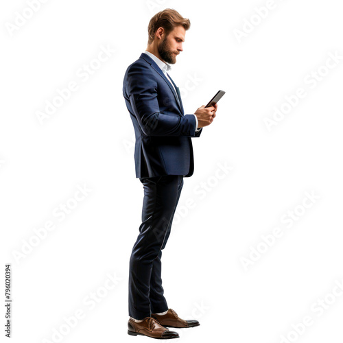 full body businessman holding smart phone on transparency background PNG  © Sim