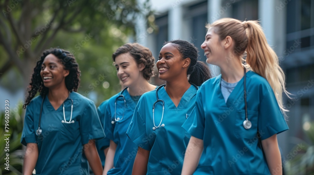 Diverse team of medical students young women in scrubs walk together on a university hospital campus. Diverse team of medical students young women in scrubs walk together on a university hospital campus.