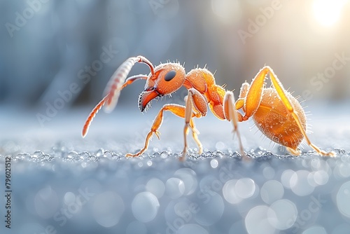 Detalle Una hormiga roja en el suelo blanco iluminada por los rayos del sol. Insectos  photo
