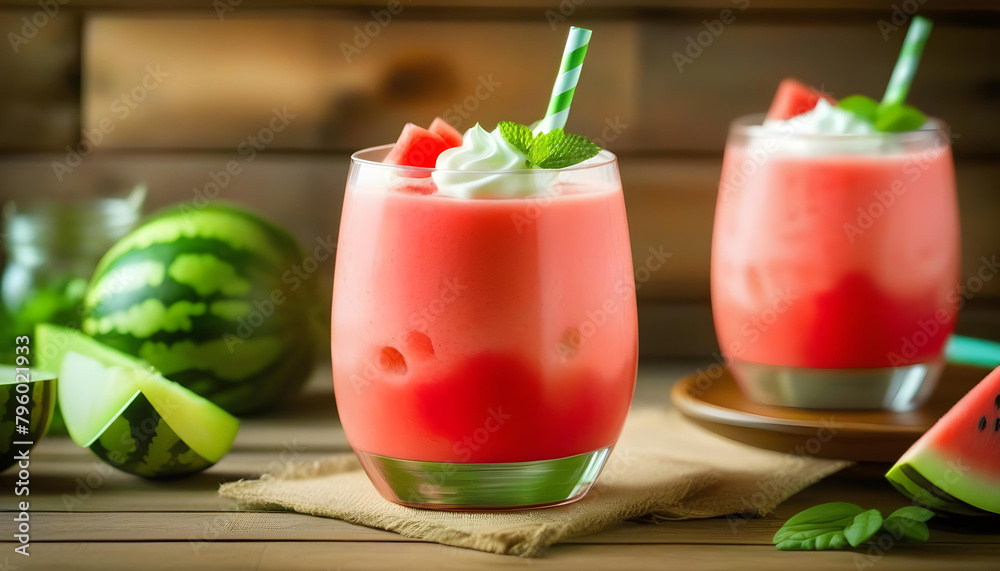 A refreshing watermelon smoothie with whipped cream on top in a glass, sitting on a wooden table A refreshing watermelon smoothie with whipped cream on top in a glass, sitting on a wooden table
