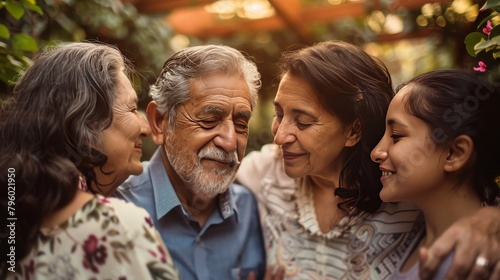 Heartfelt scene of an elderly couple sharing a loving glance with their family members, highlighting the enduring love and unity