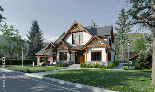 3D rendering of a modern two-story house with a gable roof  front view. The main color scheme is white and wood  the windows have brown frames.