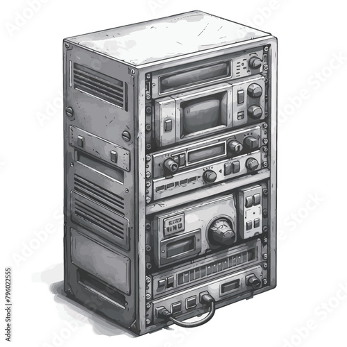 Server racks with fiber optic cables in a data center. Digital illustration.