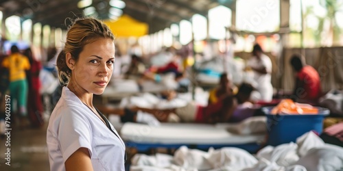A nurse volunteering at a disaster relief shelter after a hurricane photo